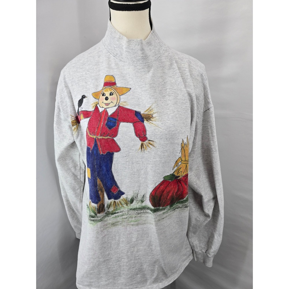 Vintage Cal Cru Heather Gray Scarecrow Pumpkin Fall long sleeved shirt Large